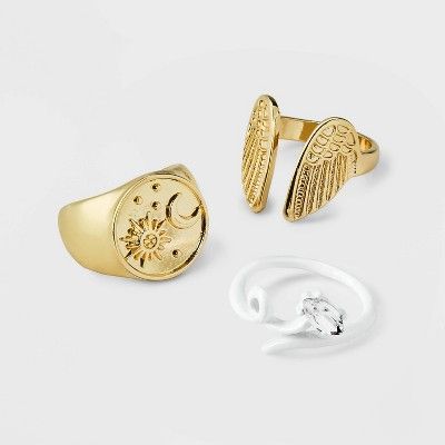 Open Wings and White Enamel Squiggle Ring Set 3pc - Wild Fable™ Gold/White | Target