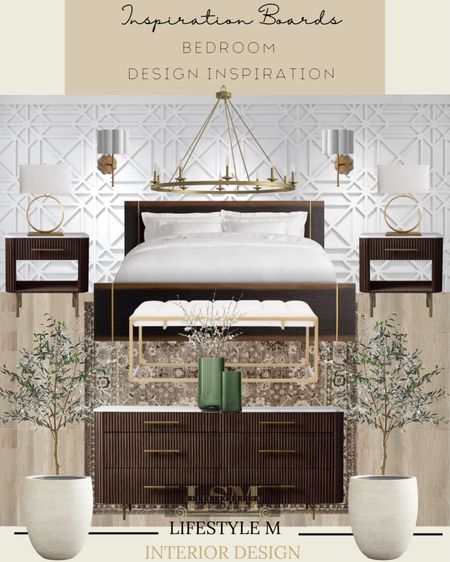Master Bed Room Design. Recreate the look at home. Wood bed frame, wood dresser, wood night stand, bed room rug, white tree planter pot, faux fake tree, wood floor tile, brass upholstered bench, table lamp, brass wheel chandelier, brass wall sconce light, green vase, faux plant.

#LTKFind #LTKstyletip #LTKhome