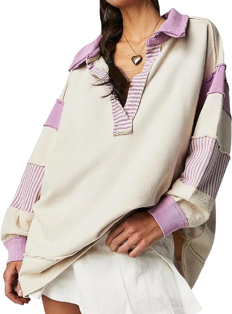 Women Patchwork Sweatshirt Y2k Long Sleeve Color Block Lapel V Neck Sweatshirts Oversized Striped... | Amazon (US)