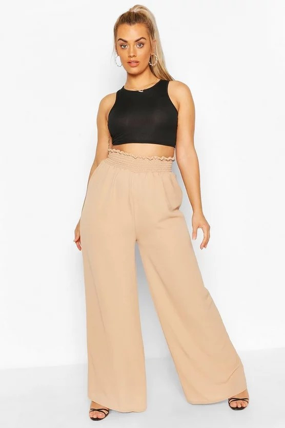 Plus Woven Shirred Waist Wide Leg Pants | Boohoo.com (US & CA)