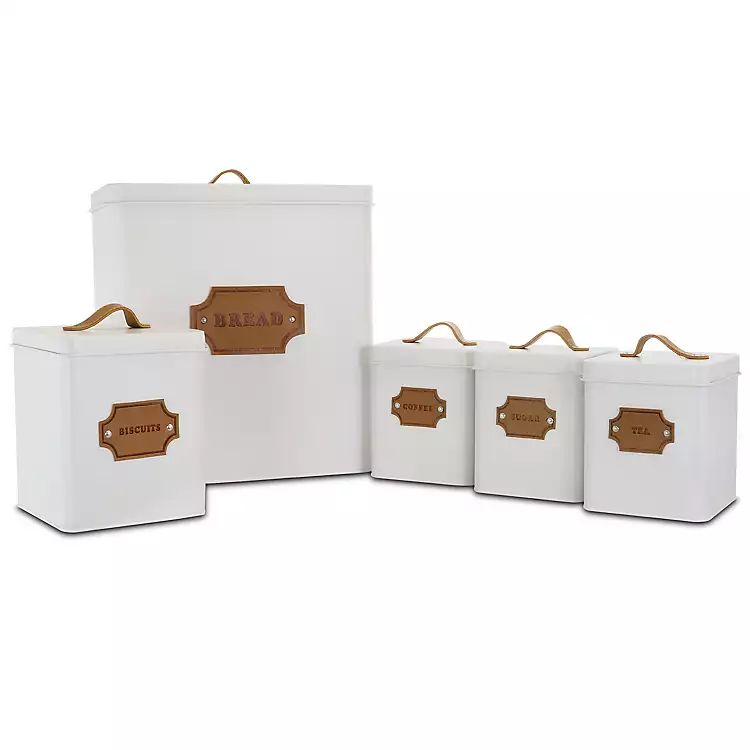 New!White Metal Square Label Badge Canisters, Set of 5 | Kirkland's Home
