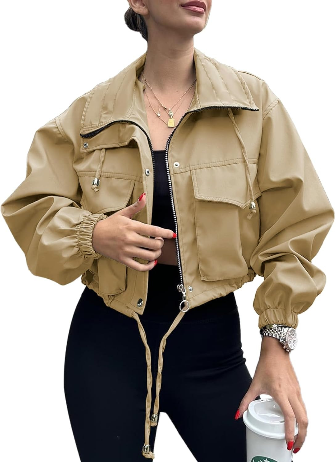 Tankaneo Womens Cropped Jacket Zip Up Lightweight Oversized Utility Anorak | Amazon (US)