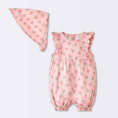 Baby Girls' 2pc Strawberry Fruit Scallop Tank Romper and Bonnet Set - Cloud Island™ Pink 12M | Target