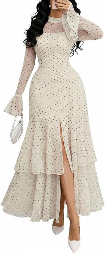 GothDark Womens Elegant Polka Dot Mesh Long Sleeve Dress Bell Sleeve Layered Ruffle Split Formal ... | Amazon (US)