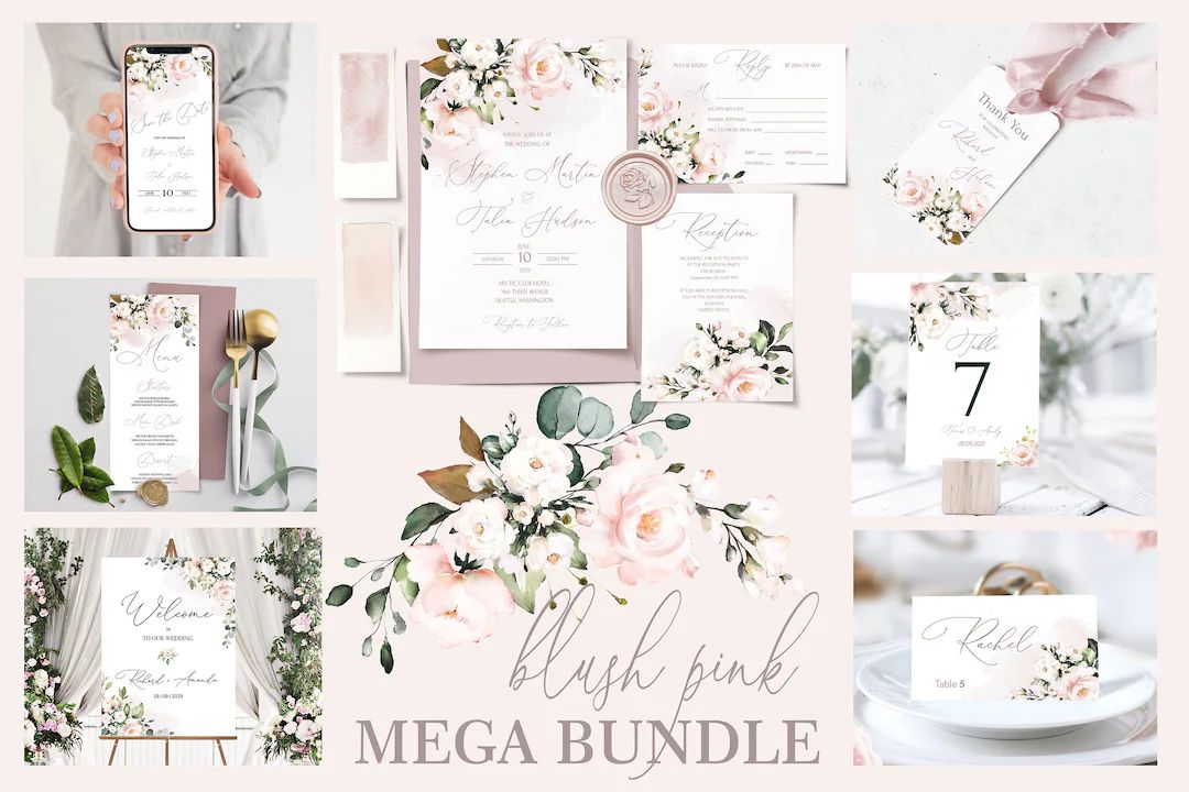 AVA Soft Pink Wedding Invitation MEGA Bundle Template Blush - Etsy | Etsy (US)