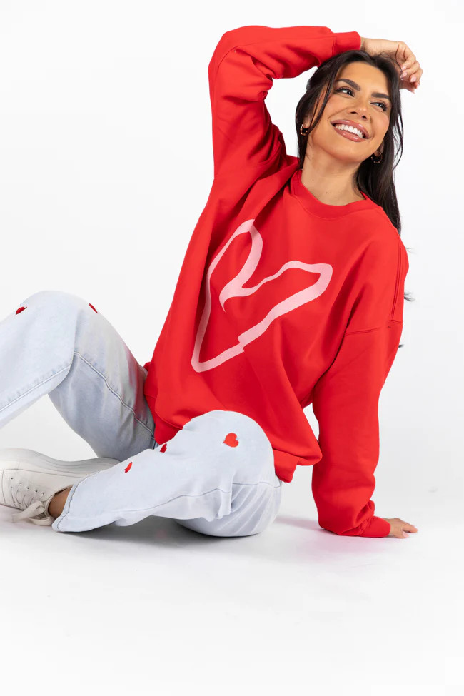 Heart Sketch Red Oversized Graphic Sweatshirt | Pink Lily