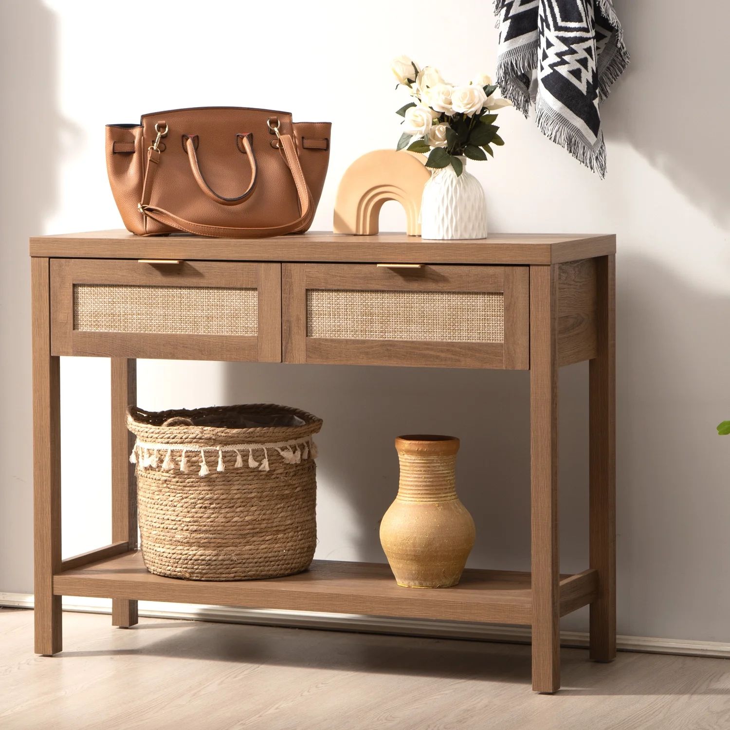 Surmoby Console Table with Rattan Drawers,Boho Entryway Table Hallway Table Sofa Table with Open ... | Walmart (US)