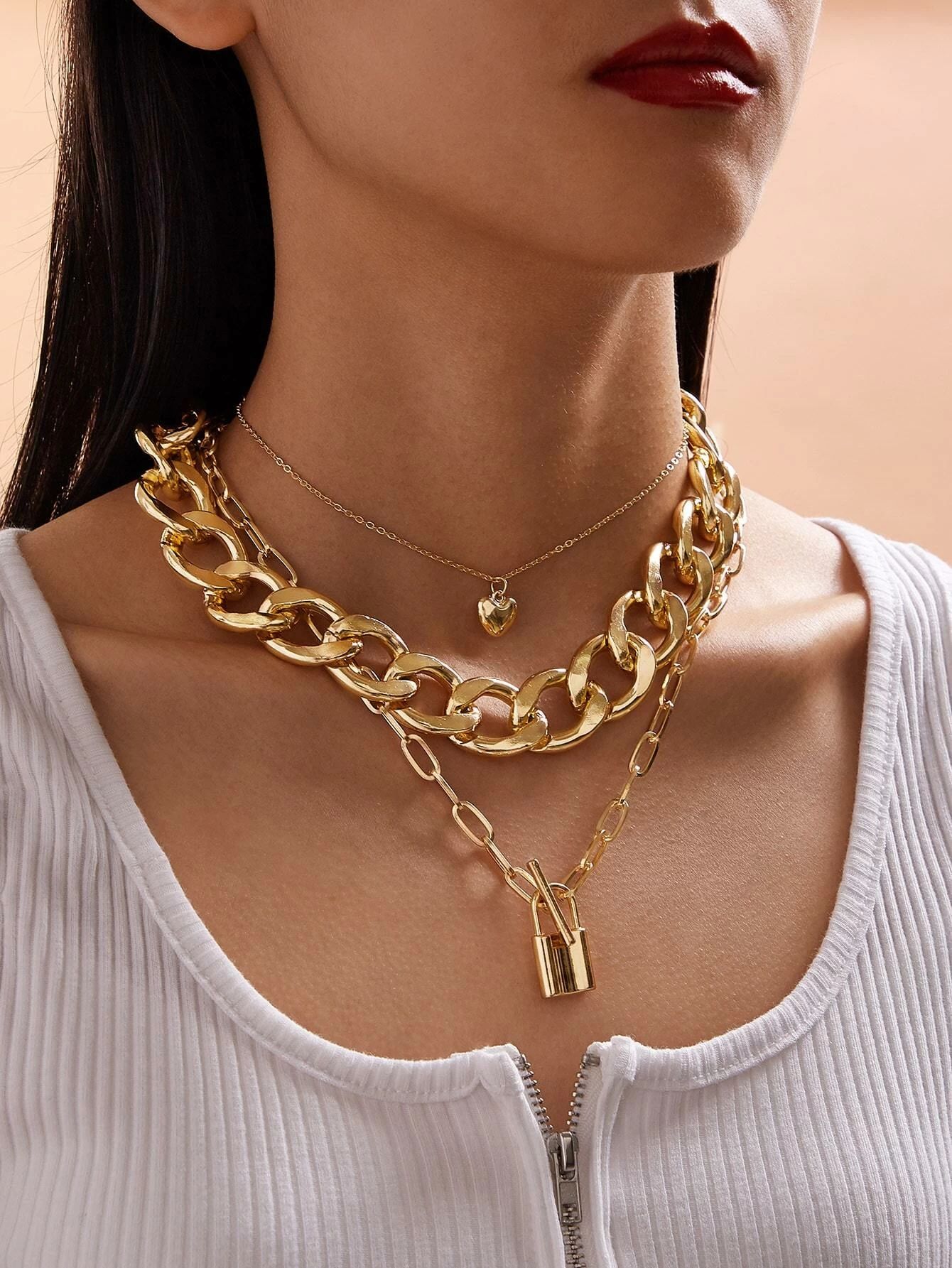 3pcs Lock & Heart Charm Chain Necklace | SHEIN