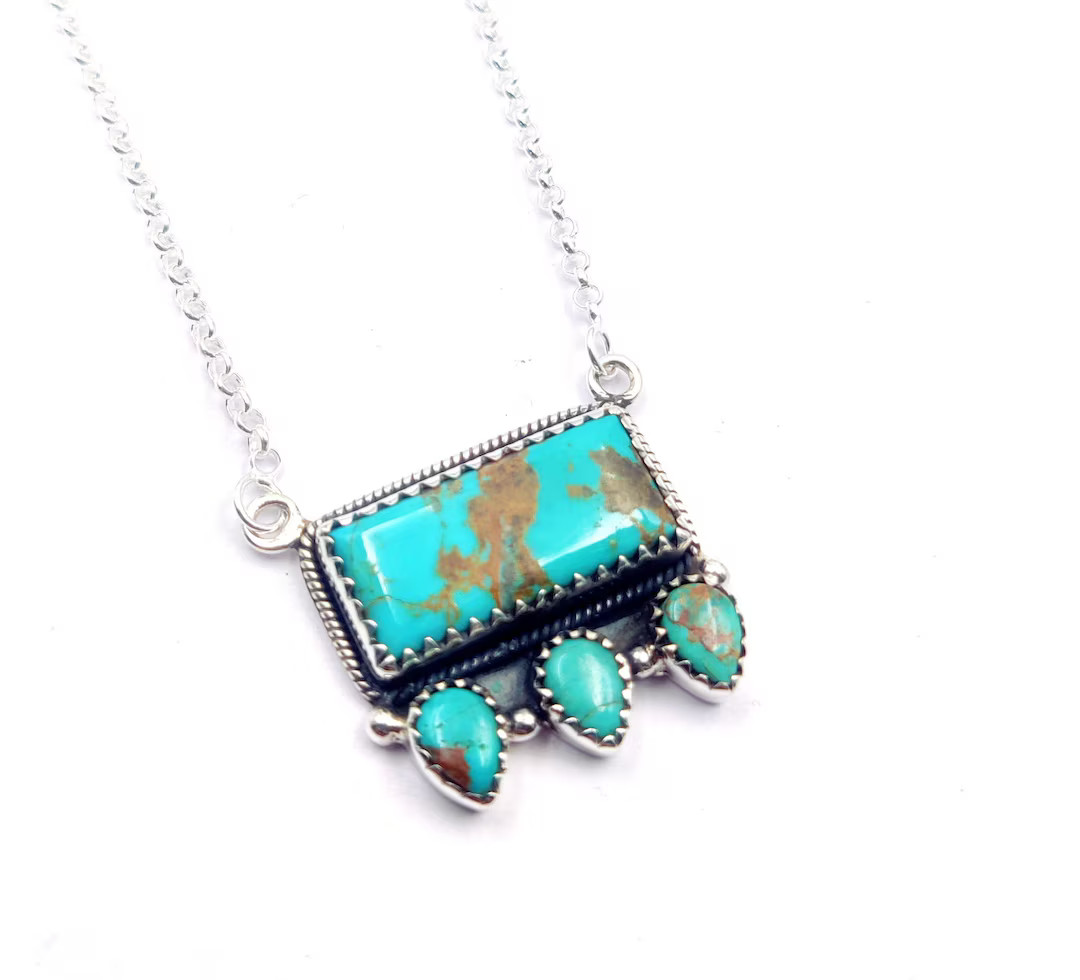 Turquoise Necklace Southwest Handmade 92.5 Sterling Silver Cluster Necklace, Bar Necklace 18lengt... | Etsy (US)