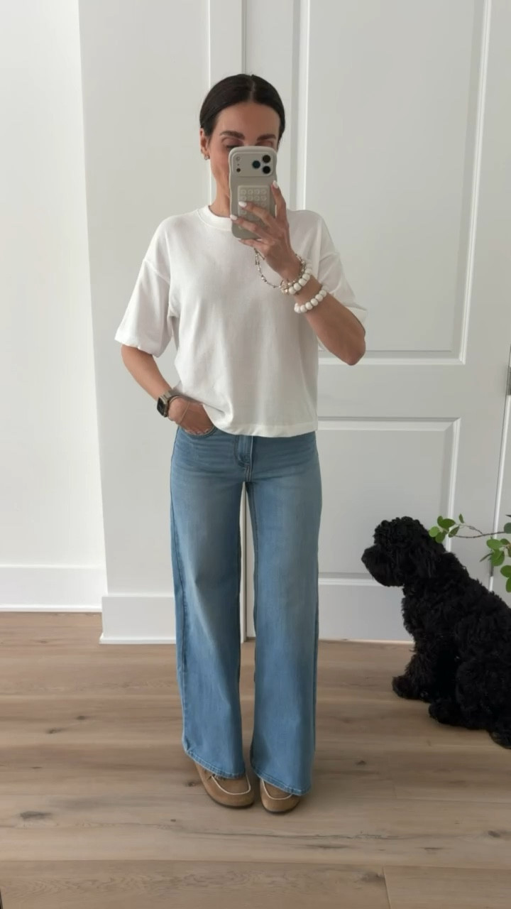 Simple outfit from Target, target jeans, designer inspired, look for less, white tee, wide leg jeans, anna monteiro, annabrstyle

#LTKootd #LTKOver40