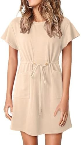 EVALESS Womens Spring Summer Dresses 2026 Casual Round Neck Ruffle Short Sleeve Flowy A Line Mini... | Amazon (US)