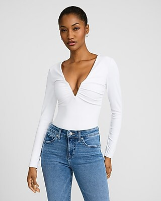Body Contour High Compression V-Neck Long Sleeve Ruched Bodysuit | Express