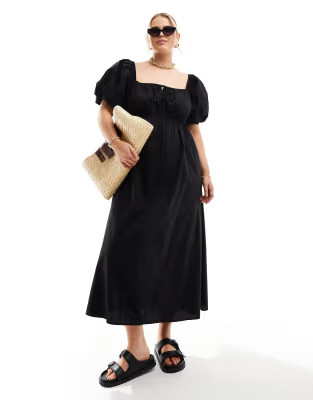 ASOS DESIGN Curve puffed sleeve smock midi dress in black | ASOS | ASOS (Global)
