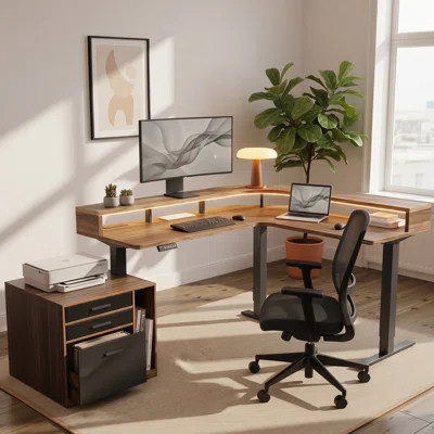63" X 55" Electric L-shaped Height Adjustable Standing Desk With Led Strip, Power Outlets, File Cabinet, 2-tier Storage & Cable Management | Wayfair North America