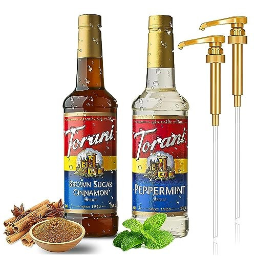 Winter Flavors Coffee and Tea Syrup Variety Pack - Peppermint and Brown Sugar Cinnamon Syrup for Coffee with 2 Jimoco Syrup Pump Dispenser Compatible with 25.4 Ounces Syrup Bottle for Peppermint and Brown Sugar Cinnamon Flavored, Italian Soda, Lattes, Frappes | Amazon (US)