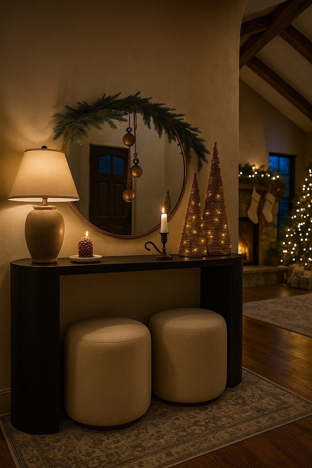 Early Evening Holiday Entryway Styling

Follow @farmtotablecreations on Instagram…

This holiday entryway came together with the coziest mix of warm dusk lighting, a black curved console, creamy ottomans, twine trees, soft greenery, brass bells, and that subtle pinecone candle glow. I kept everything neutral, layered, and simple so it feels warm, inviting, and connected to the adjoining room with the stone fireplace and Christmas tree. Such a beautiful way to transition a space into the season.

#console #entrywaydecor #holidayentryway #christmasentryway #blackconsole #twinetrees #ottoman #roundmirror #christmasdecor #holidaystyling #greenerygarland #christmasvibes #christmastree #stonefireplace #neutraldecor #wayfairfinds #wayfairdecor #wayfairholiday #livingroomdecor #homestyling #amazonhome #interiorinspo #homeideas #christmashomedecor #neutralchristmas

#LTKSaleAlert #LTKHome #LTKHoliday