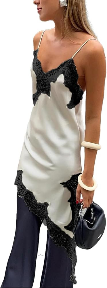Women Y2k Satin Lace Trim Cami Shirt Spaghetti Strap Side Split Asymmetrical Silky Camisoles Goin... | Amazon (US)