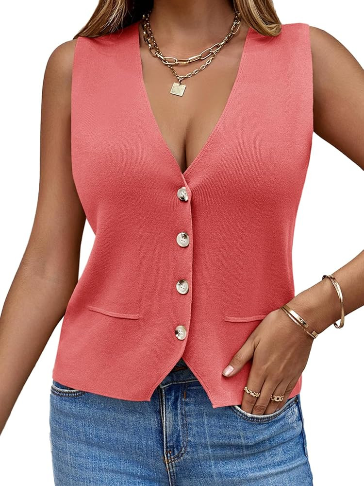 Saodimallsu Womens Sleeveless Sweater Vest Knit V Neck Button Fashion Casual Loose Spring Summer ... | Amazon (US)