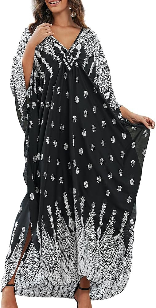 AILUNSNIKA Women Print Kaftan Dress Casual Plus Size Caftan V-Neck Swimsuit Cover Up Loose Zebra ... | Amazon (US)