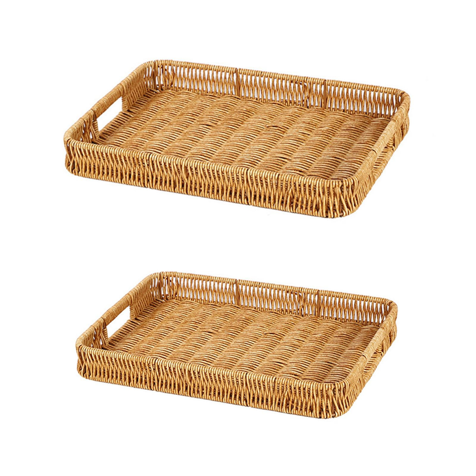 2 Pack Rectangle Rattan Serving Trays with Handles, Decorative Woven Wicker Organizer Baskets Sto... | Amazon (US)