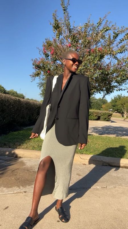 Transitional fall look! Sage dress with a front slit, black oversized blazer, black fisherman sandals, black oval sunglasses and a white graphic tote. 

#LTKshoecrush #LTKfindsunder100 #LTKstyletip