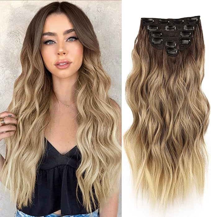NAYOO Clip in Hair Extensions for Women 20 Inch Long Wavy Curly Ombre Brown to Blonde Hairpieces ... | Amazon (US)