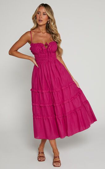 Schiffer Midi Dress - Strappy Ruched Tie Front Tiered Dress in Raspberry | Showpo (US, UK & Europe)