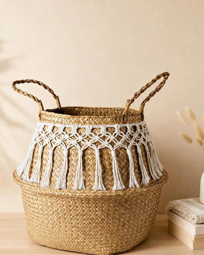 Boho Woven Seagrass Basket With Macrame Fringe, Rustic Plant Holder, Nursery Organizer - Etsy | Etsy (Global)