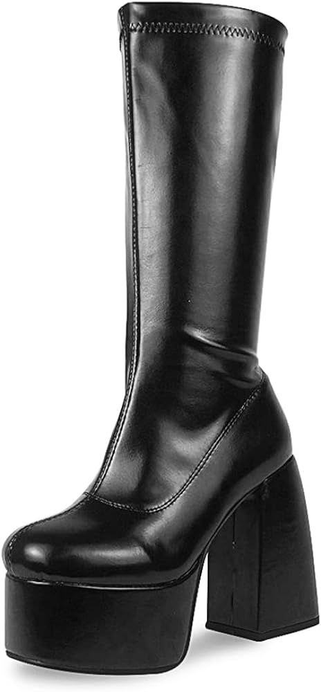 Mikarka Women's Glitter Stacked Platform Mid Calf Boots, Cute Square Toe Side Zip High Heel Go-Go Bo | Amazon (US)