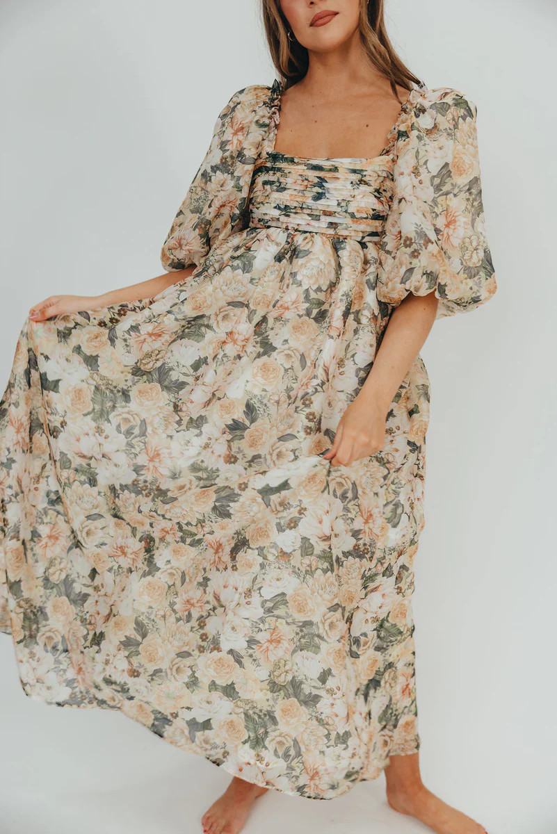 Melody Maxi Dress with Pleats and Bow Detail in Champagne Floral - Bum | Worth Collective