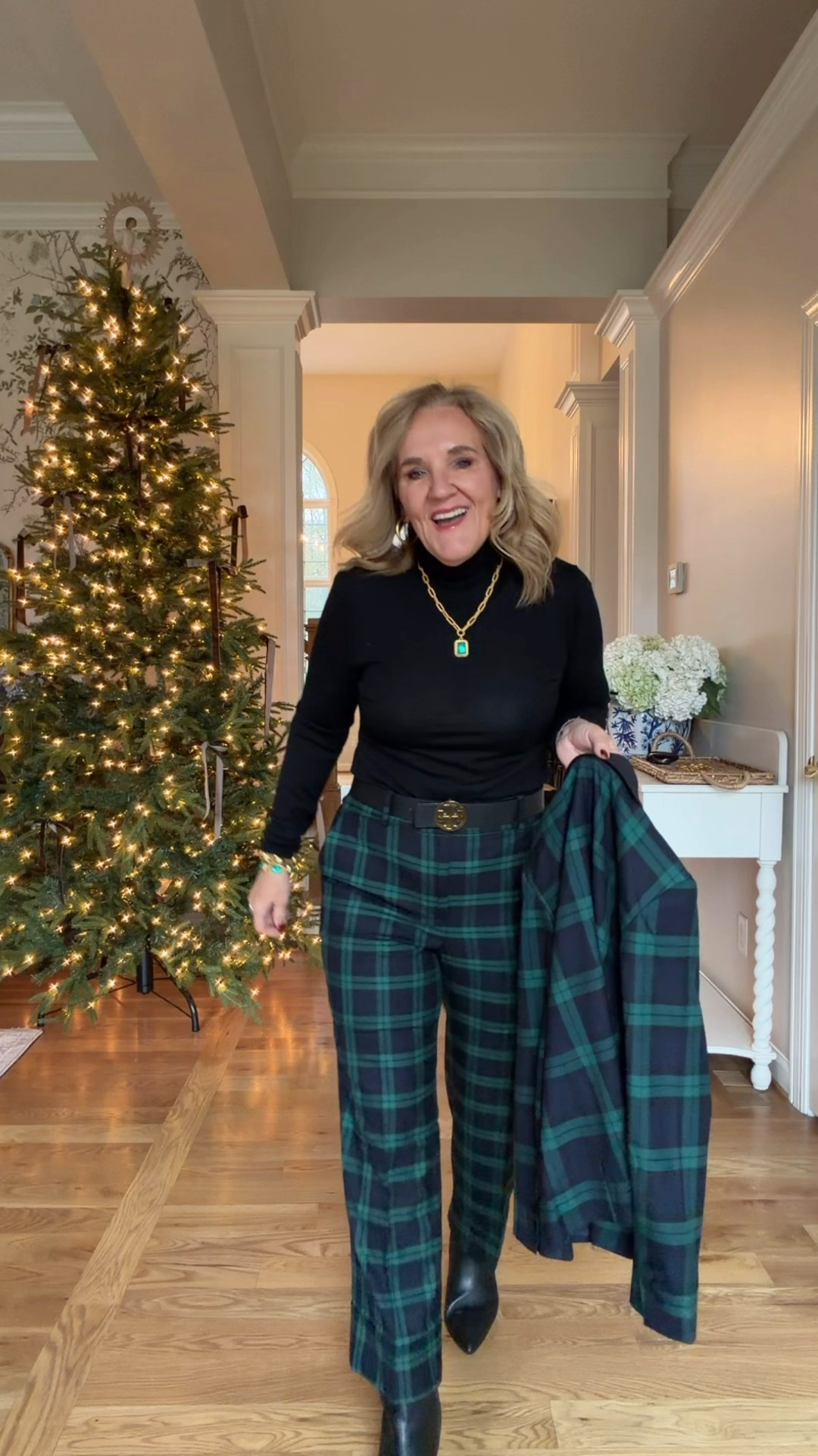 @talbots black watch plaid the blazer plaid is larger than the pants and I love it 
Blazer 10 petite 
Pants 8 petite 
Quilted jacket med petite 
Gold turtleneck 1.0
Amazon puffer medium 
Shimmer navy cable sweater medium petite 
Loft evergreen crochet sweater medium 
Stewart plaid blouse medium I’ll link similar too 

#LTKOver40 #LTKHoliday #LTKSaleAlert