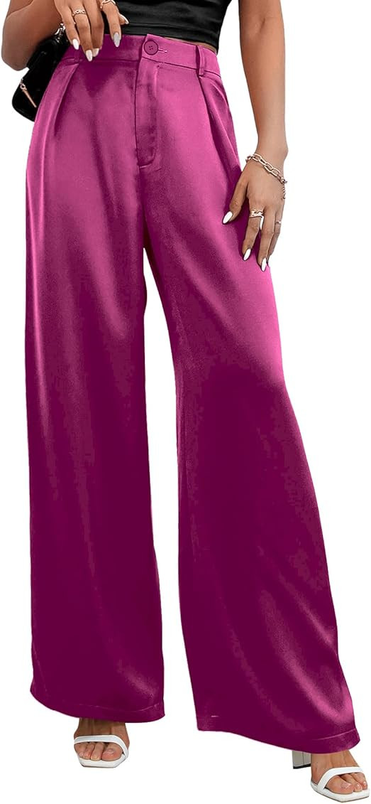 SweatyRocks Women's High Waist Satin Wide Leg Pants Casual Work Office Faux Silk Long Trousers with  | Amazon (US)