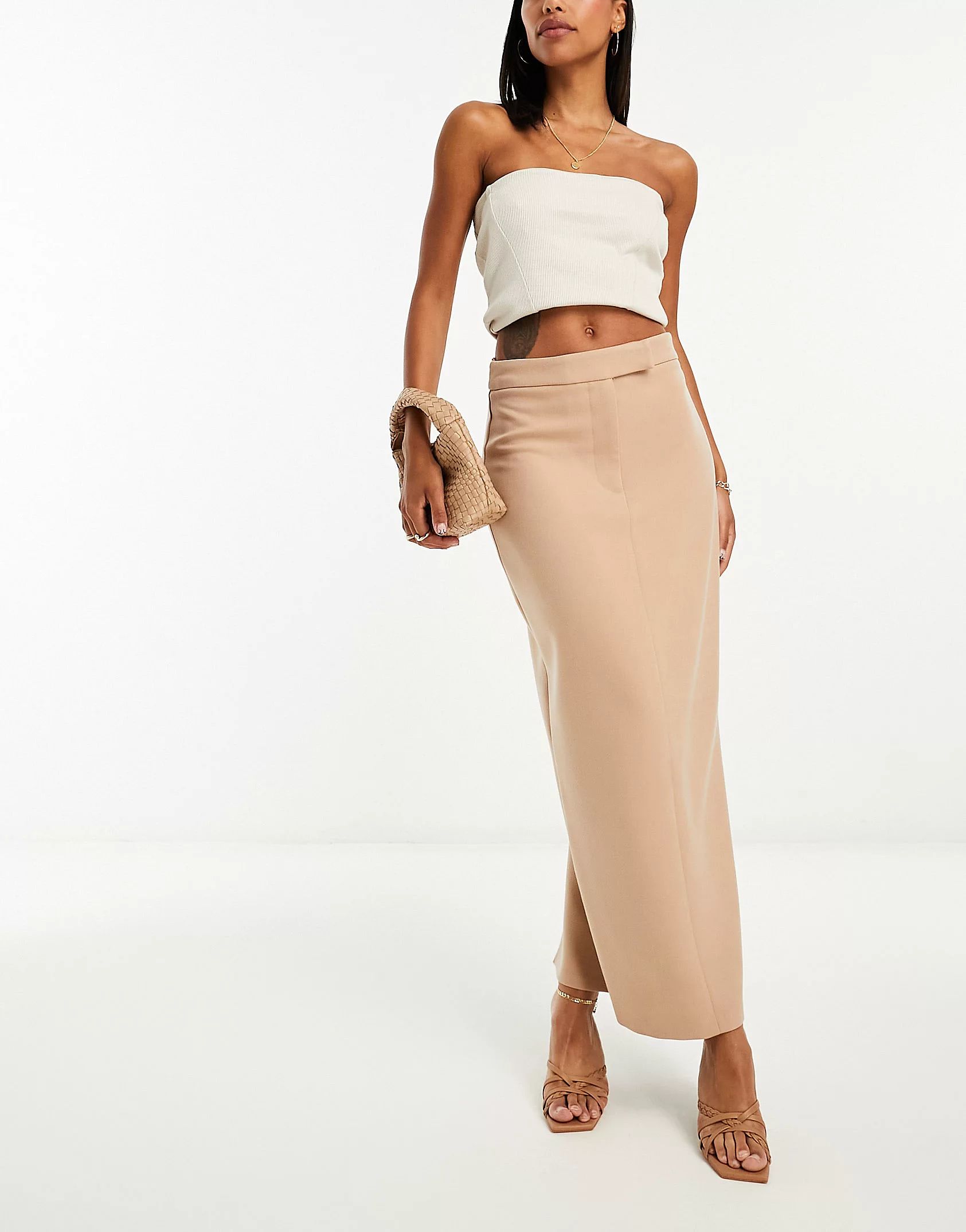 River Island tailored maxi skirt in beige | ASOS (Global)
