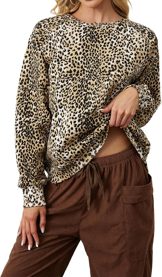 Womens Leopard Crew Neck Sweatshirt Loose Fit Round Neck Long Sleeve Pullover Tops Cheetah Print ... | Amazon (US)