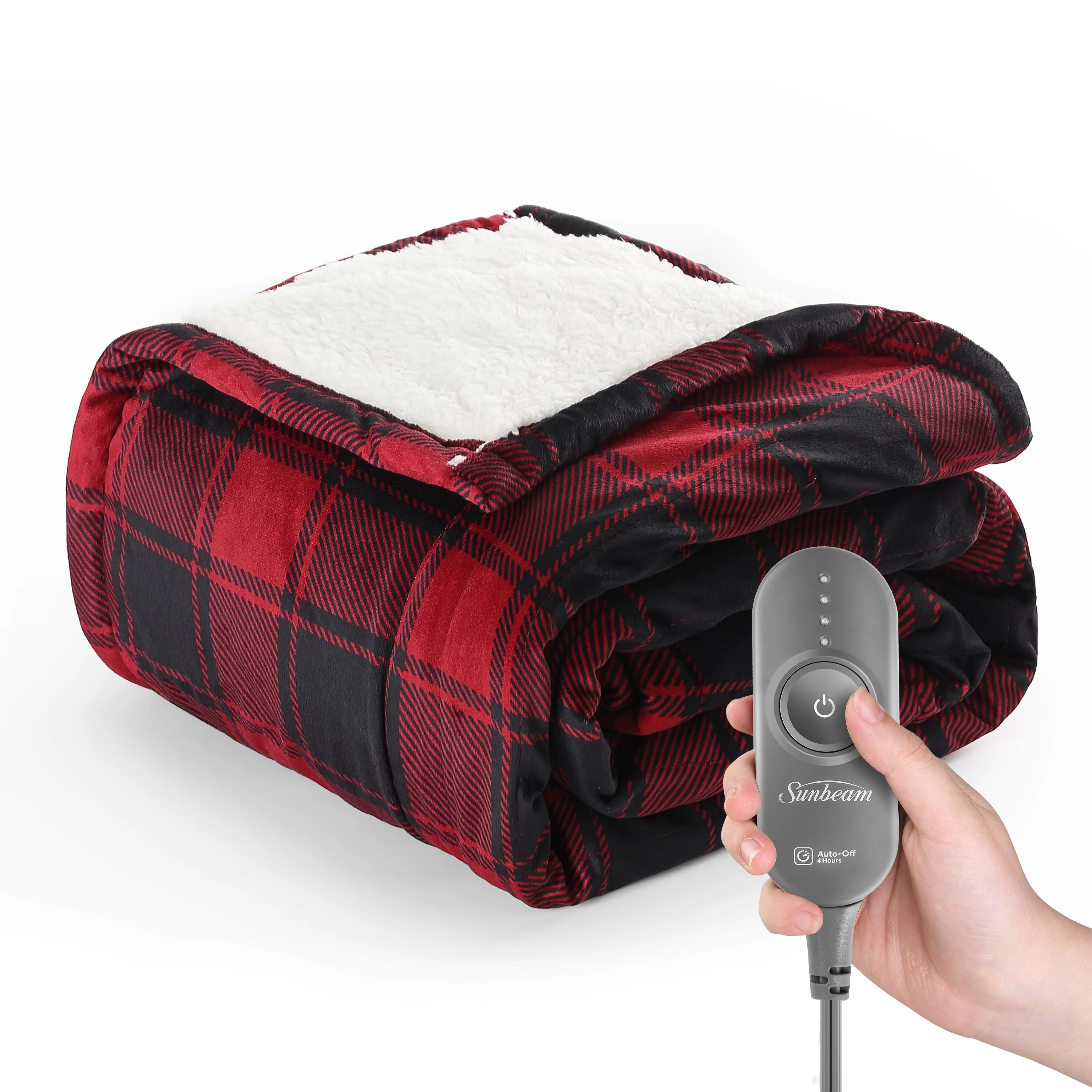 Sunbeam Microplush Sherpa Electric Heated Throw Blanket, Red and Black Buffalo Plaid | Walmart (US)
