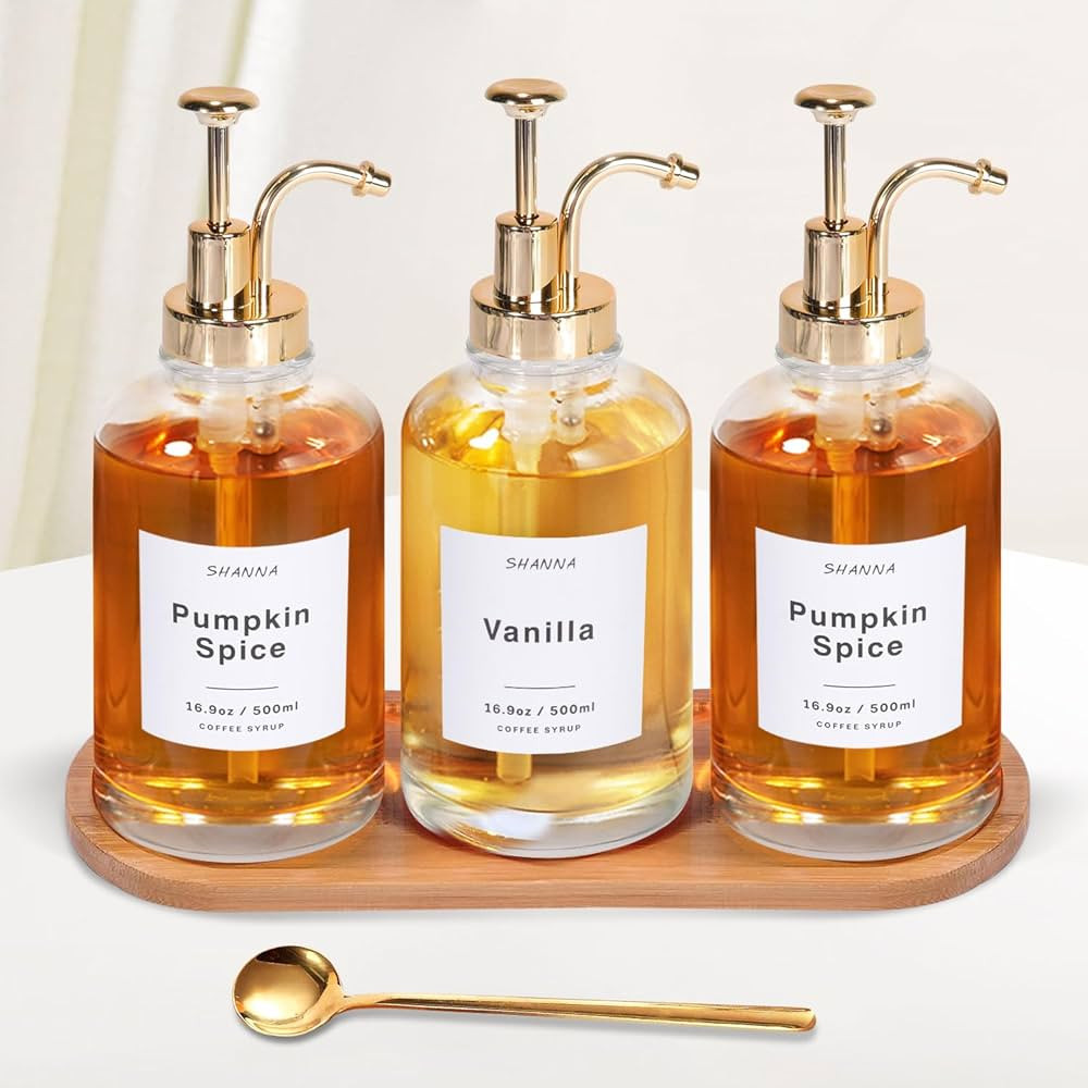 Coffee Syrup Dispenser for Coffee Bar, 16.9oz 500ml Glass Syrup Dispenser w Golden Coffee Scoop, ... | Amazon (US)