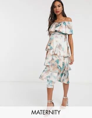 Little Mistress Maternity floaty off shoulder dress in marble print | ASOS (Global)