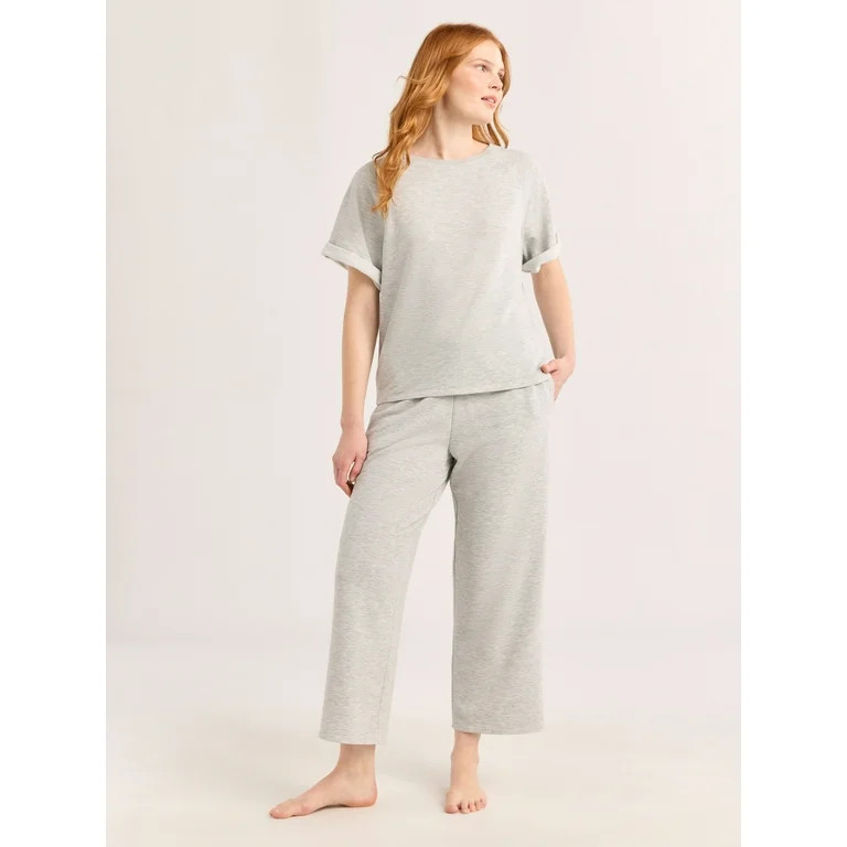 Joyspun Women's French Terry Short Sleeve Top and Capri Pants Set, 2-Piece, Sizes XS-3X | Walmart (US)