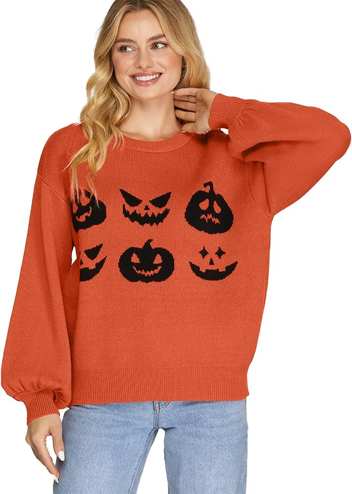 Halloween Sweaters Women Pumpkin Face Sweatshirts Cute Pumpkin Crewneck Top Casual Knit Pullover ... | Amazon (US)