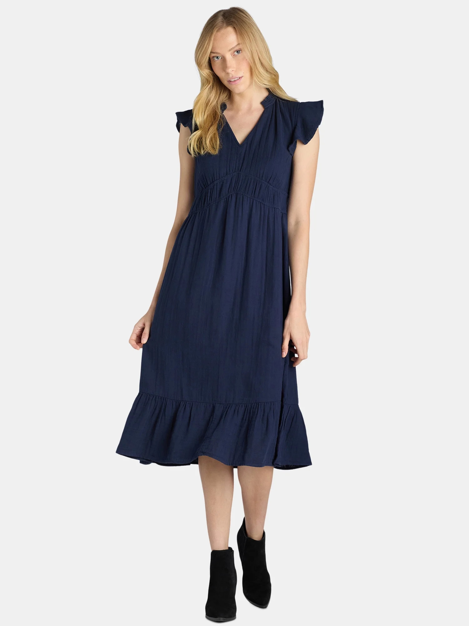 Time and Tru Women's and Women's Plus Double Cloth Midi Dress, Sizes XS-4X | Walmart (US)