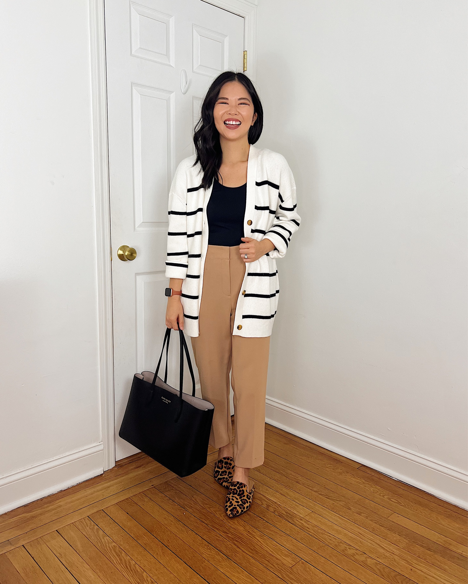 Black and white cardigan (S)
Black tank too (XS/S)
Tan pants (4P)
Black tote bag
Leopard loafers (TTS)
Business casual outfit
Fall work outfit
Fall outfit
Teacher outfit
Amazon fashion
Ann Taylor outfit
Neutral outfit 
Ann Taylor Lana pant

#LTKworkwear #LTKfindsunder100 #LTKSeasonal
