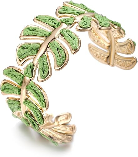 Women's Raffia Cuff Bracelet with Monstera Leaf, Handmade Summer Beach Jewelry, Vibrant Gradient ... | Amazon (US)