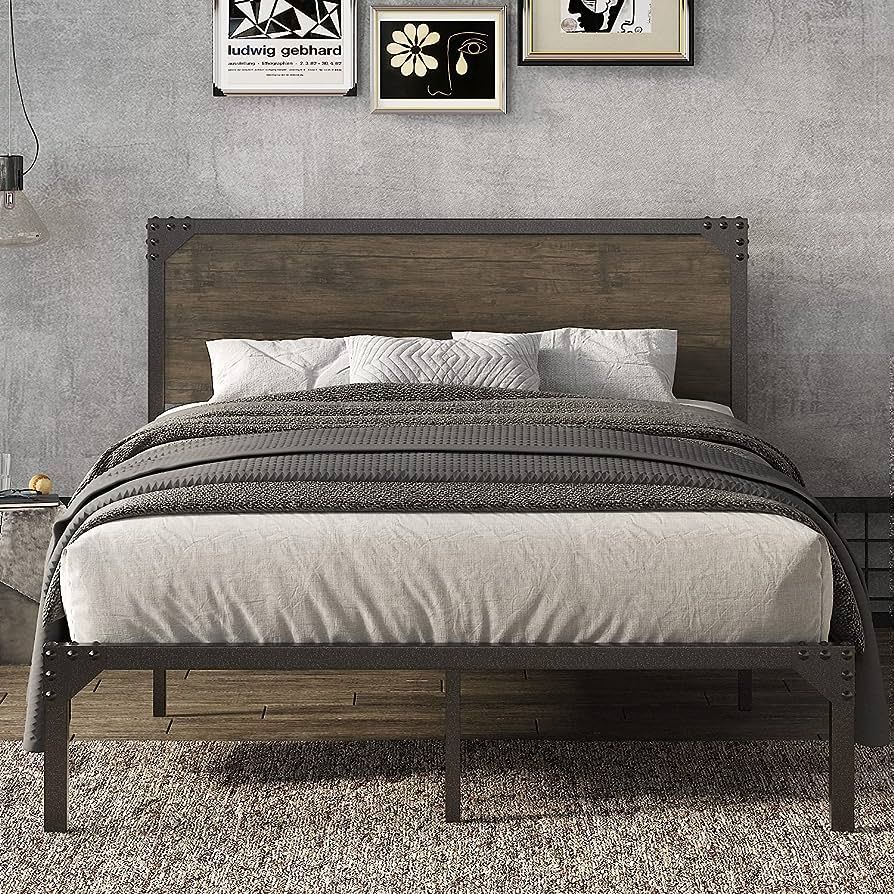 Allewie Full Size Bed Frame with Wood Headboard, Metal Platform Frame with Strong Slats and Rivet... | Amazon (US)