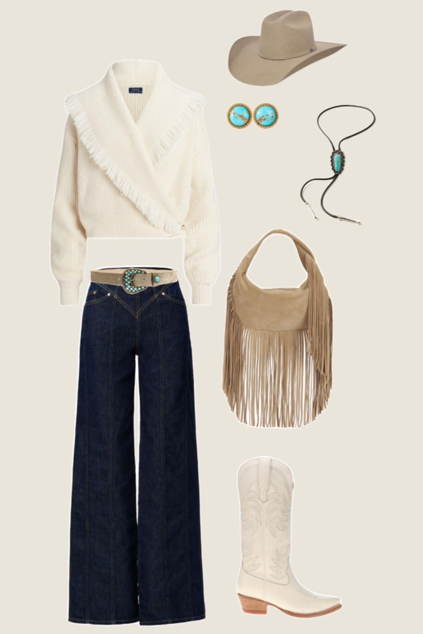 Polo Ralph Lauren sweater is sold out but linked similar! Western chic outfit with dark wash wide leg jeans, cream wrap sweater, and neutral cowboy boots. Elevated casual outfit styled a western belt, fringe bag, turquoise jewelry, and a neutral cowboy hat. Effortless western outfit inspo, casual chic denim look, fall to winter western style, western neutral outfit, aspen outfit idea 

#LTKTravel #LTKSeasonal