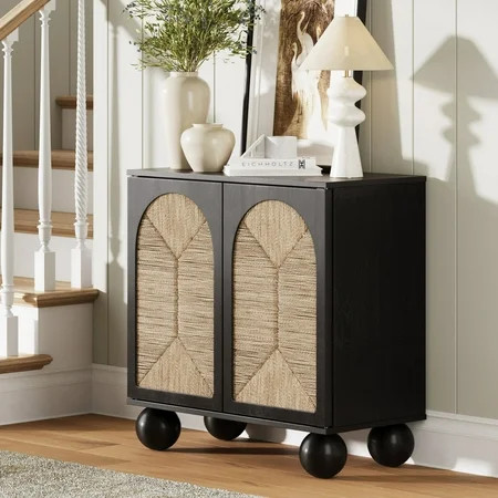 Nathan James Leah Boho Entryway Storage Cabinet or Sideboard Cabinet for Kitchen or Living Room with Ball-Style Feet, Natural Seagrass Door Fronts and Solid Wood Legs, Black | Walmart (US)