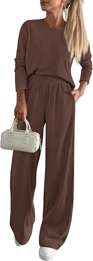 KIRUNDO Fall Outfits for Women 2025 Lounge Sets Oversized Long Sleeve Knit Tops Wide Leg Pants Po... | Amazon (US)