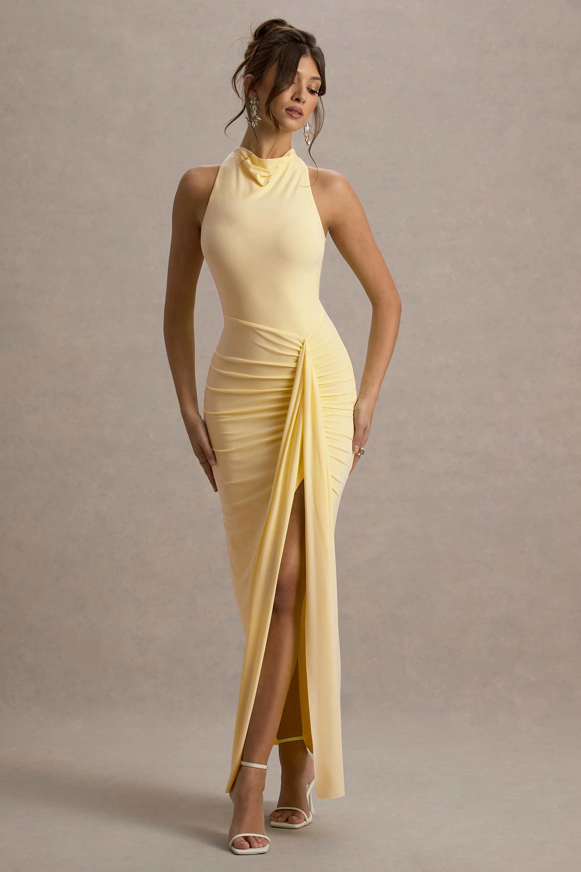 Sunflower | Pale Lemon Ruched High-Neck Split Maxi Dress | Club L London