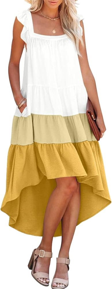 Prinbara 2022 Women's Summer Midi Dress Sleeveless Ruffle Sleeve Colorblock Solid Loose Fit Flowy Pl | Amazon (US)
