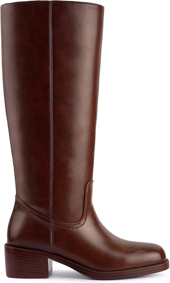Women's Banana Knee High Boots Square Toe Chunky Block Heel Comfortable Low Heel Pull on Wide Calf Riding Long Boots for Women | Amazon (US)