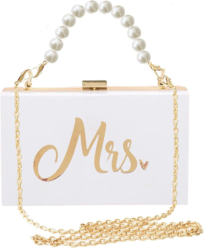 YUUNEI MRS Clutch for Wedding Day, Mrs Acrylic Purse with Hand-carried Pearl Chain and Metal Cros... | Amazon (US)